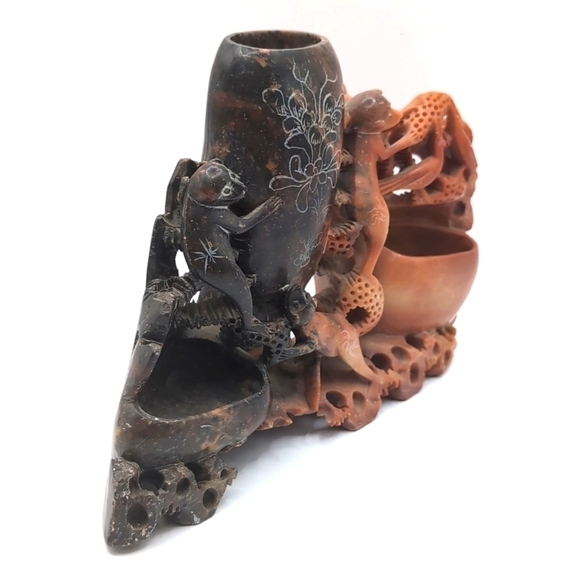 Vintage Asian Chinese Carved Soapstone Monkey Animal Vase - Brush Pot - Display - Picture 7 of 13